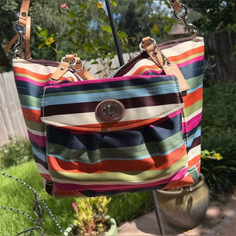 Rare Coach Legacy Stripe Leah Large Tote Purse & Matching Wristlet